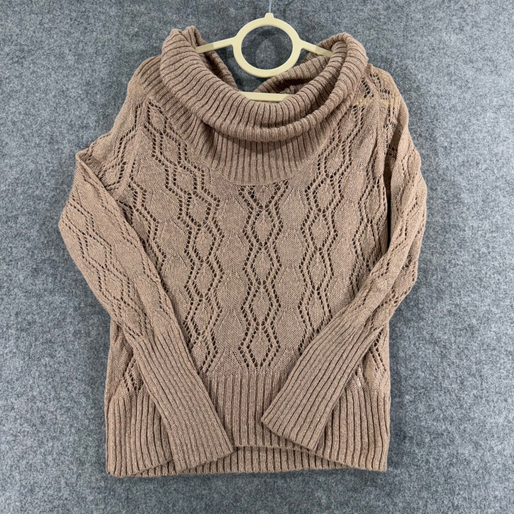 Apt. 9 Womens Cowl Neck Pointelle Knit Sweater Tan Long Sleeve Pullover Medium